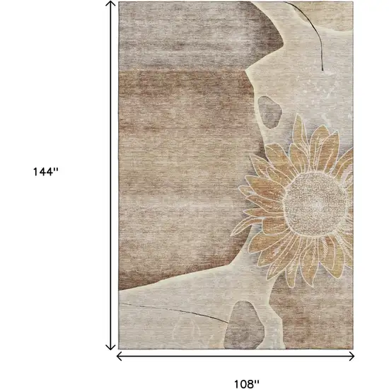 Brown And Beige Floral Washable Area Rug With UV Protection Photo 3