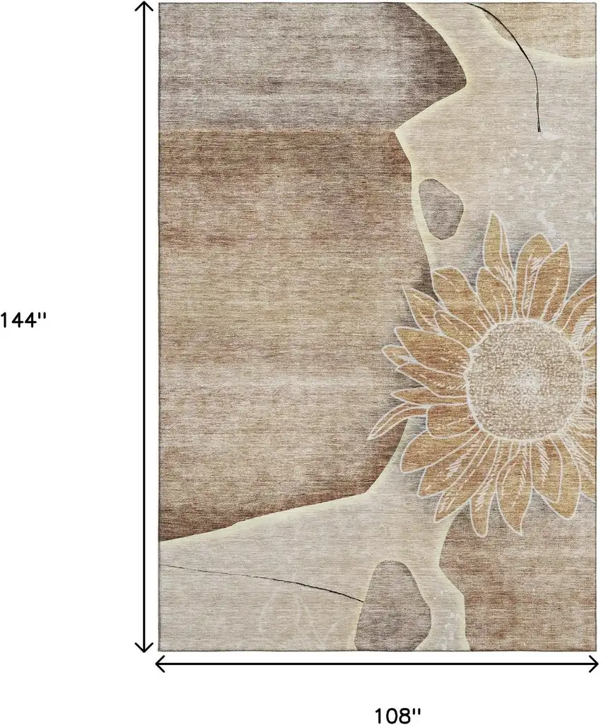 Brown And Beige Floral Washable Area Rug With UV Protection Photo 3