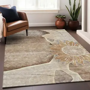 Photo of Brown And Beige Floral Washable Area Rug With UV Protection