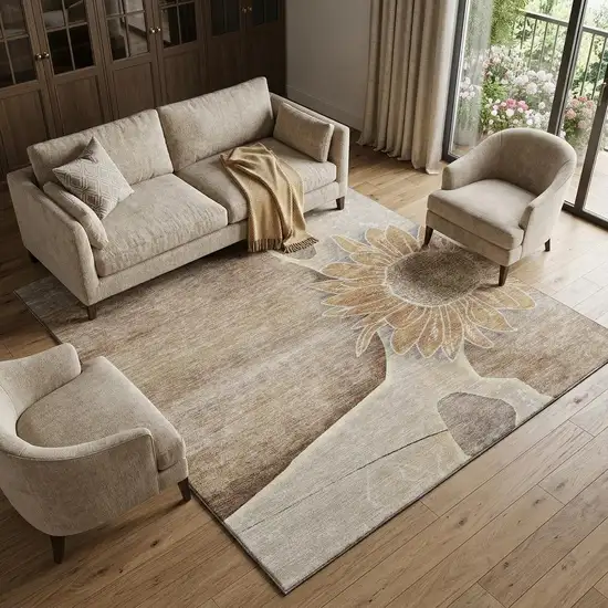 Brown And Beige Floral Washable Area Rug With UV Protection Photo 1