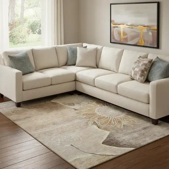 Brown And Beige Floral Washable Area Rug With UV Protection Photo 1