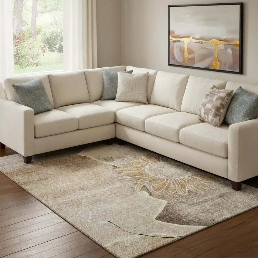 Brown And Beige Floral Washable Area Rug With UV Protection Photo 1