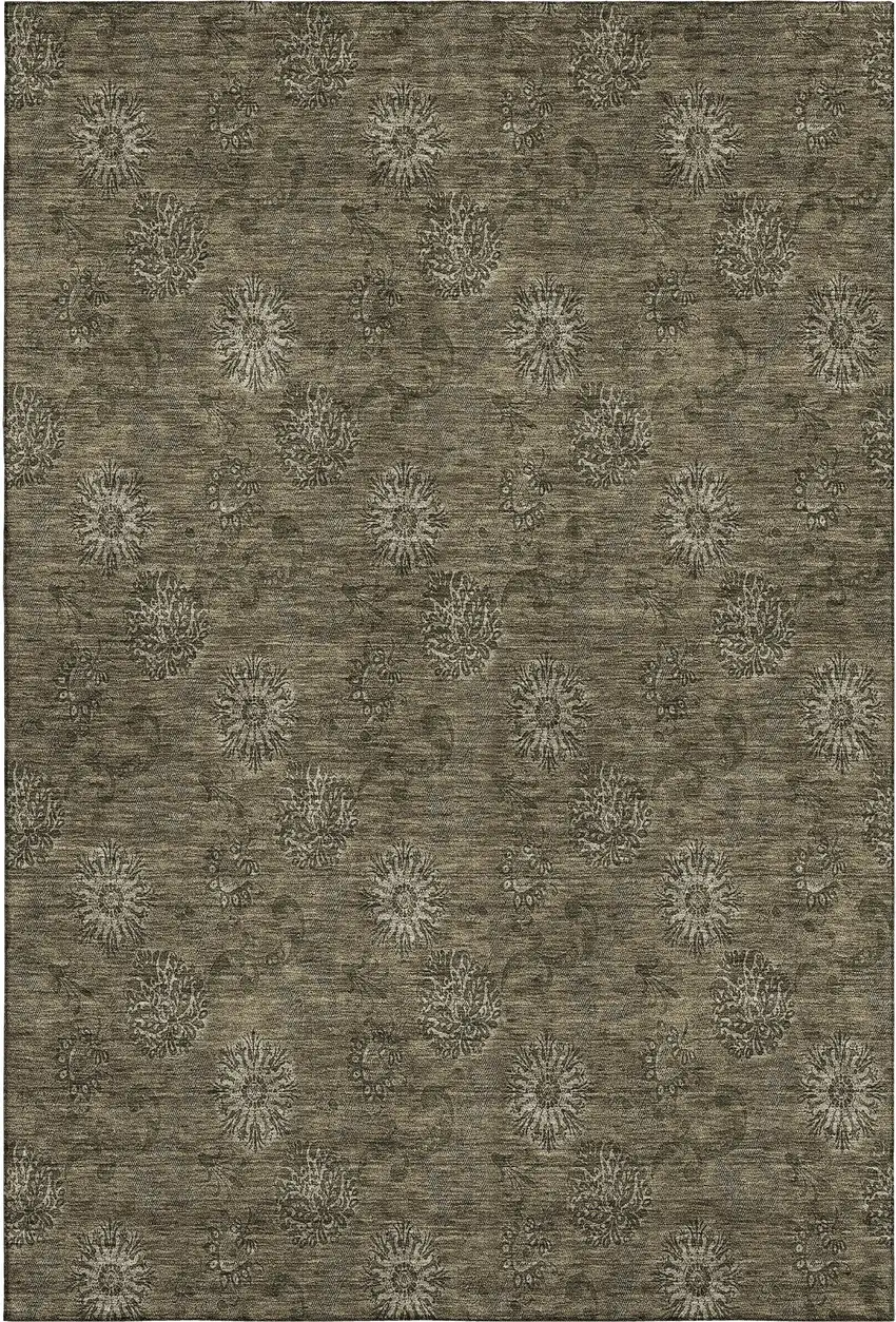 Brown And Beige Floral Washable Area Rug With UV Protection Photo 1