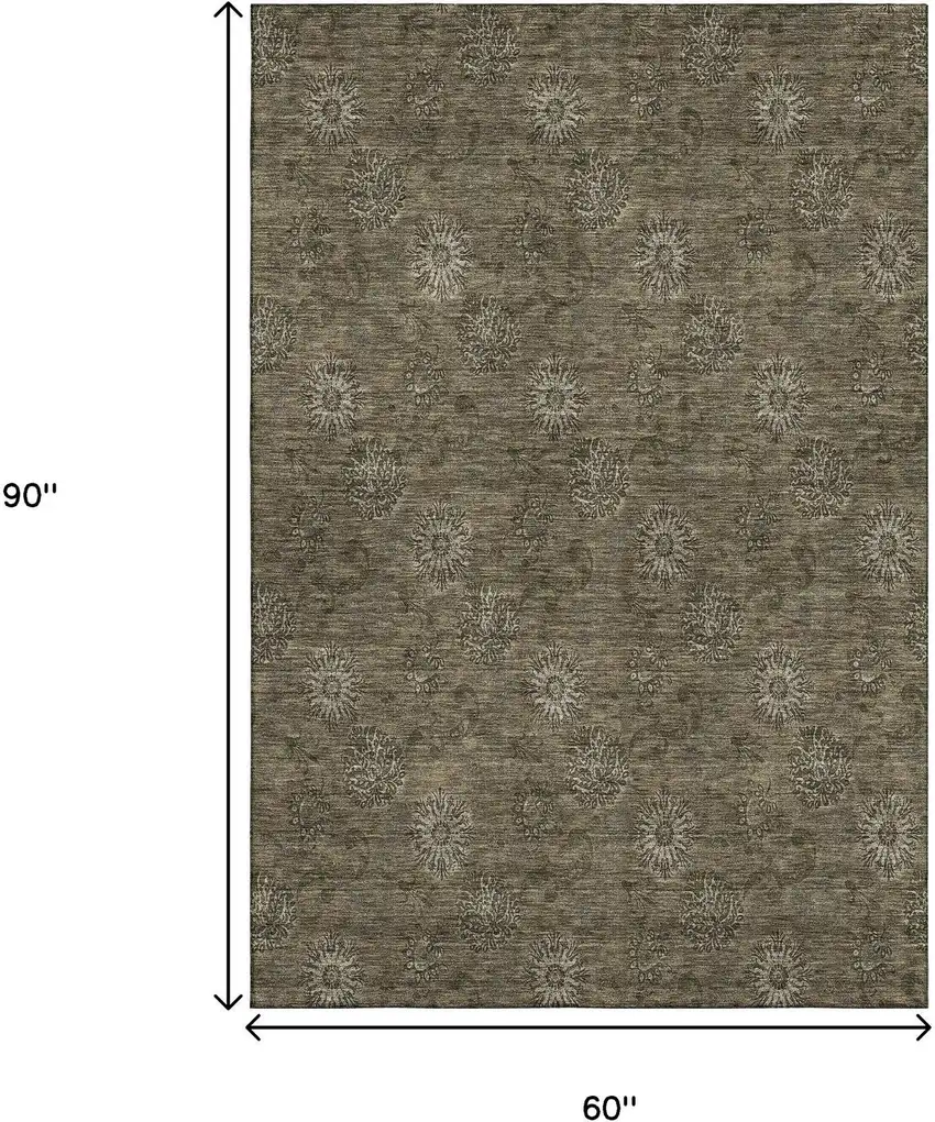 Brown And Beige Floral Washable Area Rug With UV Protection Photo 3