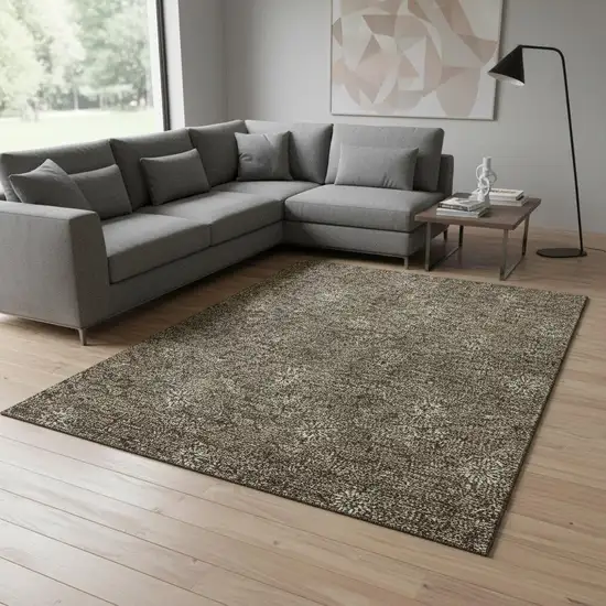 Brown And Beige Floral Washable Area Rug With UV Protection Photo 2