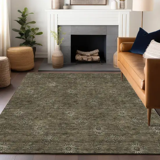 Brown And Beige Floral Washable Area Rug With UV Protection Photo 6