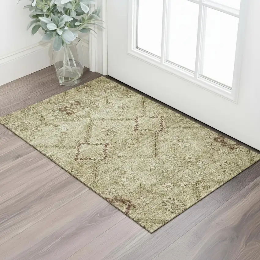 Brown And Beige Floral Washable Area Rug With UV Protection Photo 1