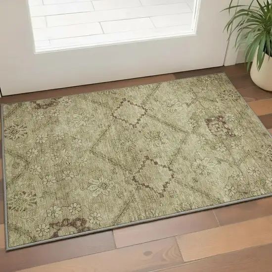 Brown And Beige Floral Washable Area Rug With UV Protection Photo 2