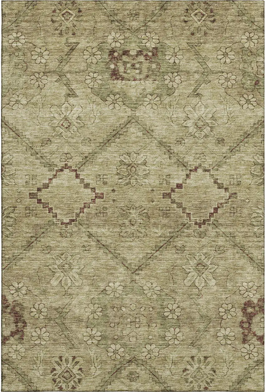 Brown And Beige Floral Washable Area Rug With UV Protection Photo 1