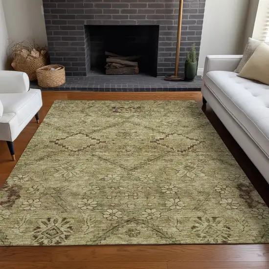 Brown And Beige Floral Washable Area Rug With UV Protection Photo 5