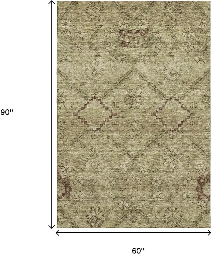 Brown And Beige Floral Washable Area Rug With UV Protection Photo 3