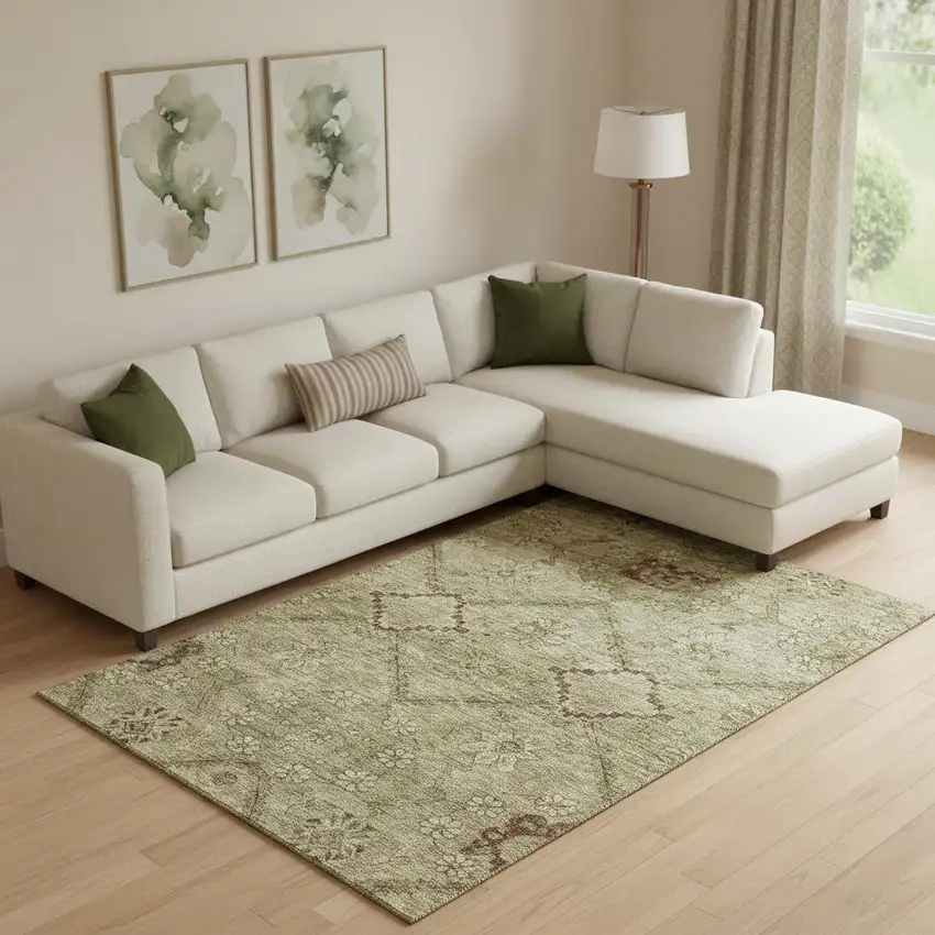 Brown And Beige Floral Washable Area Rug With UV Protection Photo 1