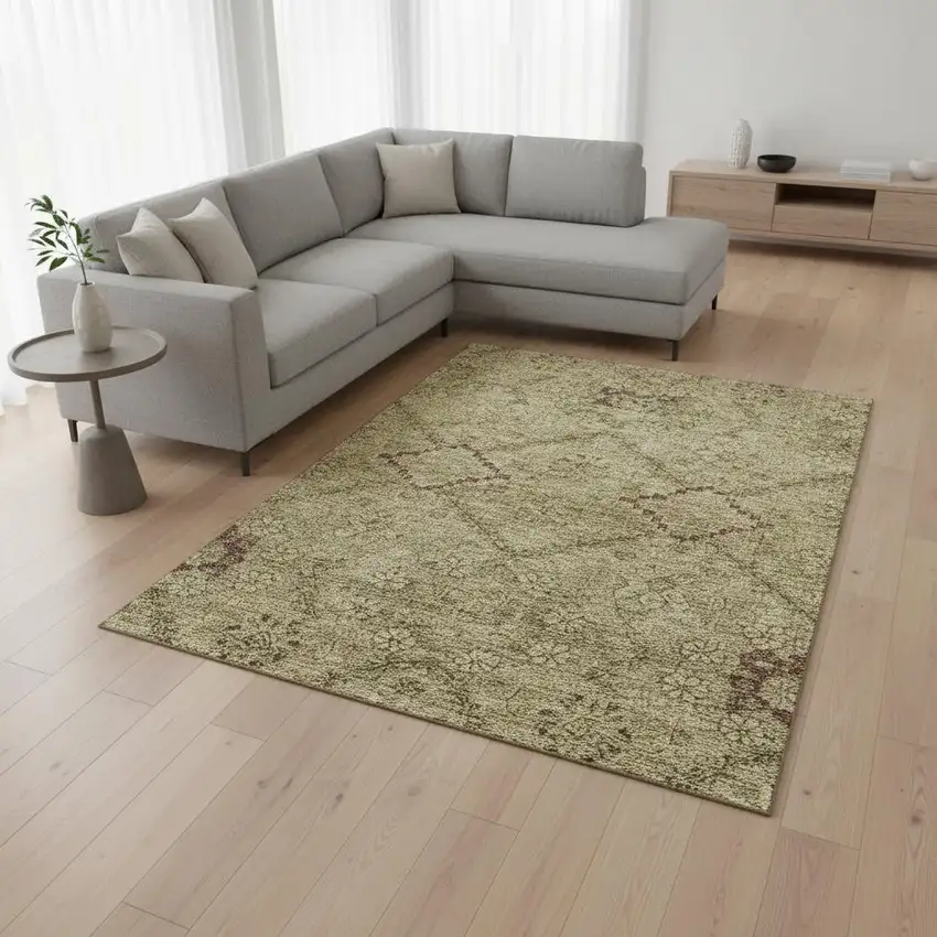 Brown And Beige Floral Washable Area Rug With UV Protection Photo 2