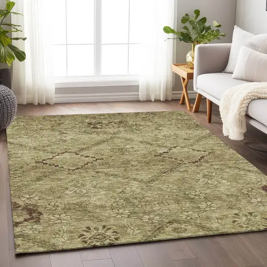 Brown And Beige Floral Washable Area Rug With UV Protection Photo 6