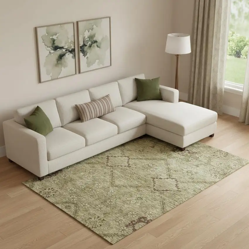 Brown And Beige Floral Washable Area Rug With UV Protection Photo 1