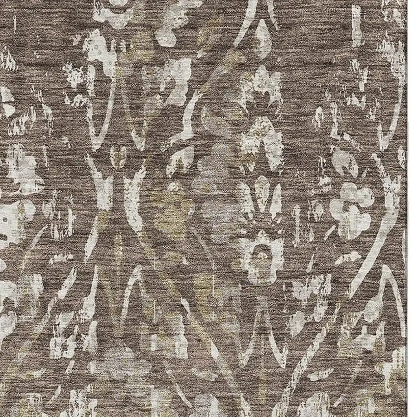 Brown And Beige Floral Washable Area Rug With UV Protection Photo 4