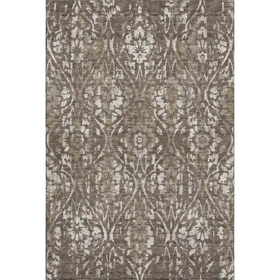 Brown And Beige Floral Washable Area Rug With UV Protection Photo 1