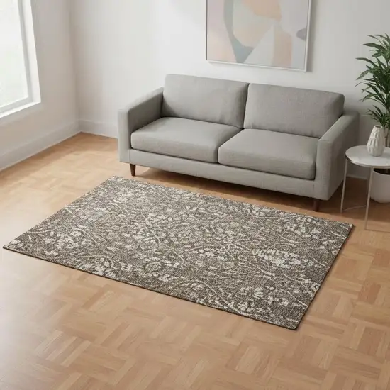 Brown And Beige Floral Washable Area Rug With UV Protection Photo 2