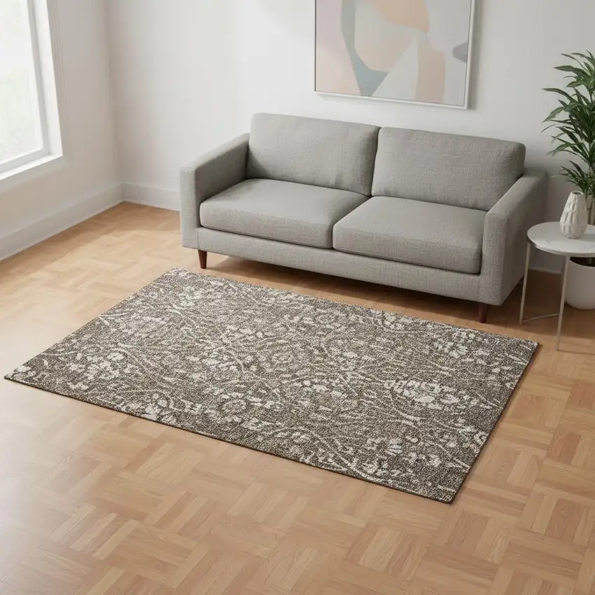 Brown And Beige Floral Washable Area Rug With UV Protection Photo 2