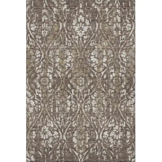 Brown And Beige Floral Washable Area Rug With UV Protection Photo 4
