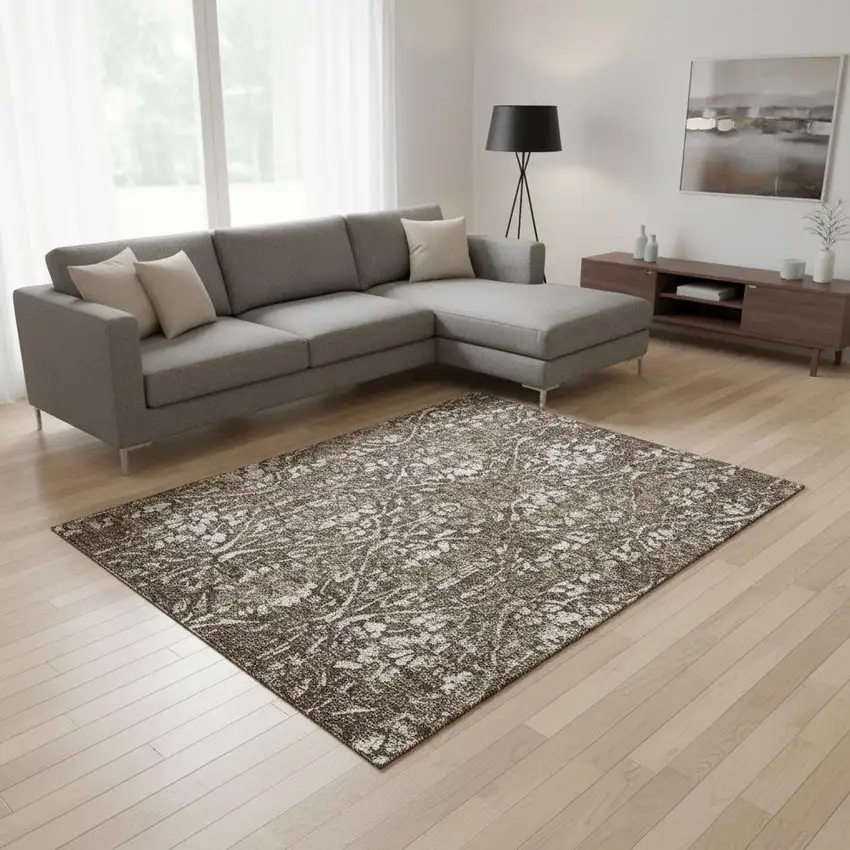 Brown And Beige Floral Washable Area Rug With UV Protection Photo 2