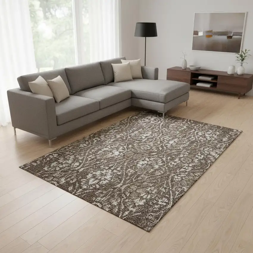 Brown And Beige Floral Washable Area Rug With UV Protection Photo 2