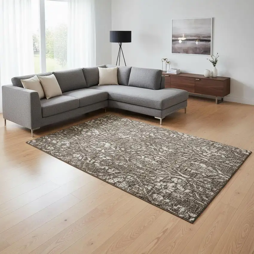 Brown And Beige Floral Washable Area Rug With UV Protection Photo 2