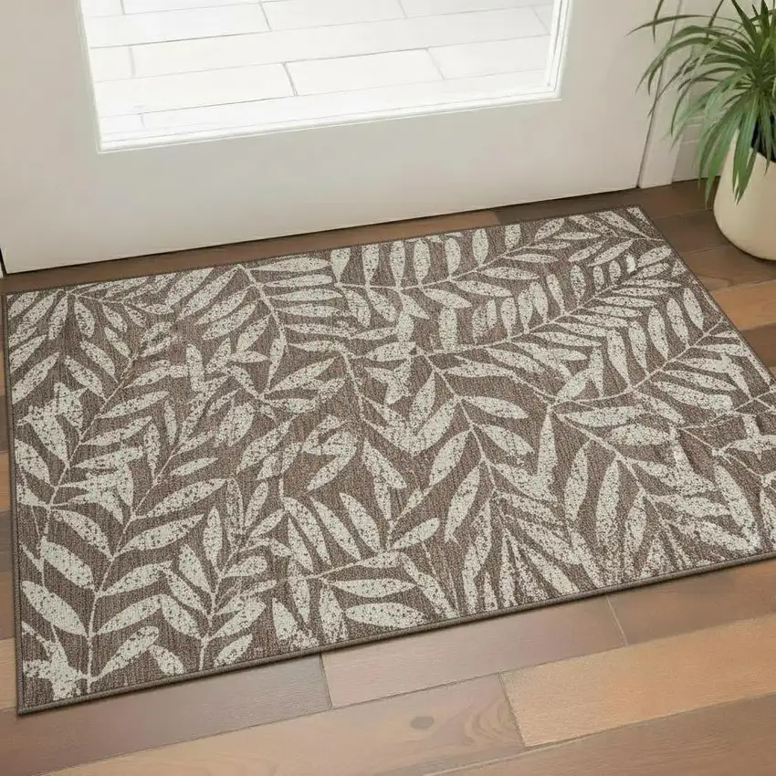 Brown And Beige Floral Washable Area Rug With UV Protection Photo 1