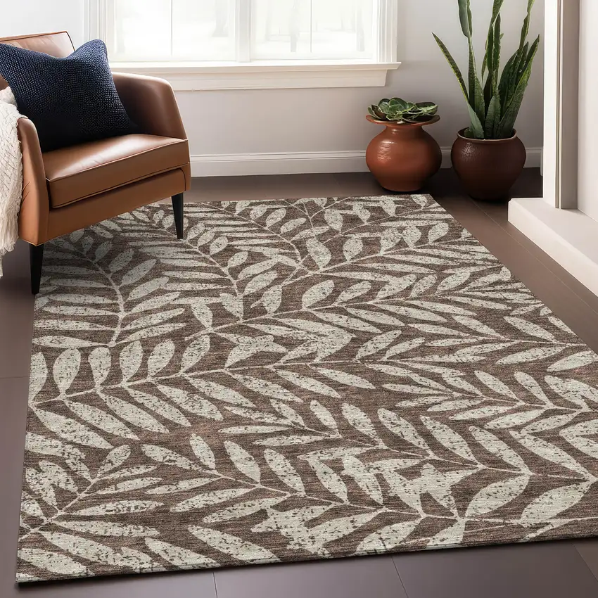 Brown And Beige Floral Washable Area Rug With UV Protection Photo 4