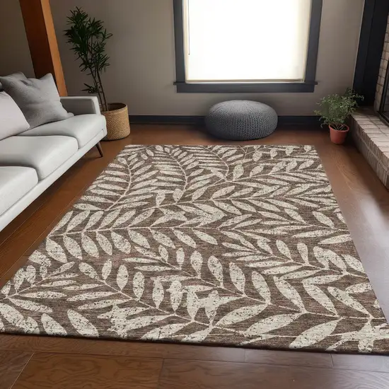Brown And Beige Floral Washable Area Rug With UV Protection Photo 5