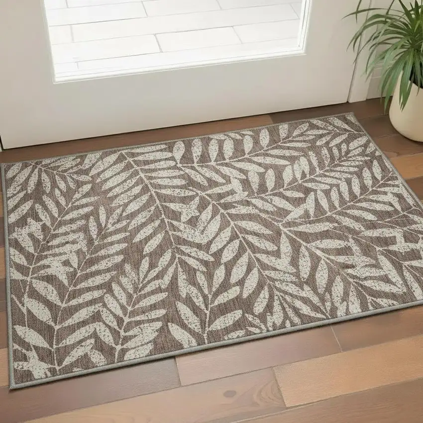 Brown And Beige Floral Washable Area Rug With UV Protection Photo 2