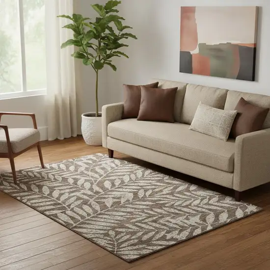Brown And Beige Floral Washable Area Rug With UV Protection Photo 1