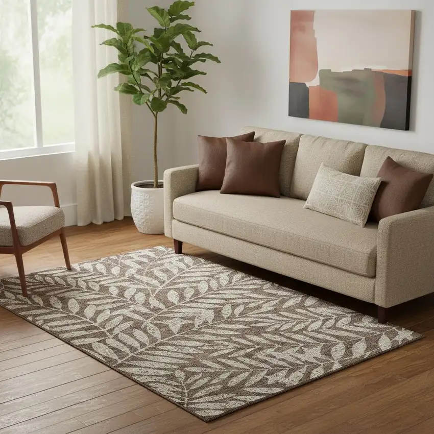 Brown And Beige Floral Washable Area Rug With UV Protection Photo 1