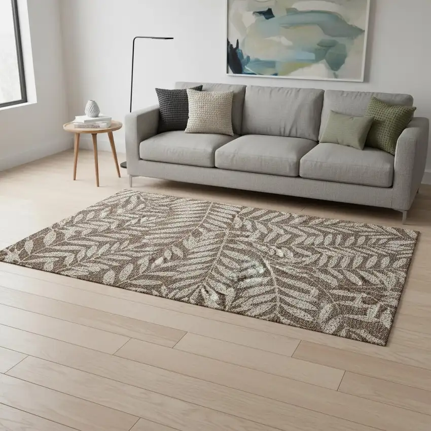 Brown And Beige Floral Washable Area Rug With UV Protection Photo 2