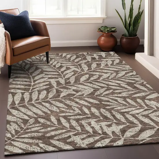 Brown And Beige Floral Washable Area Rug With UV Protection Photo 5