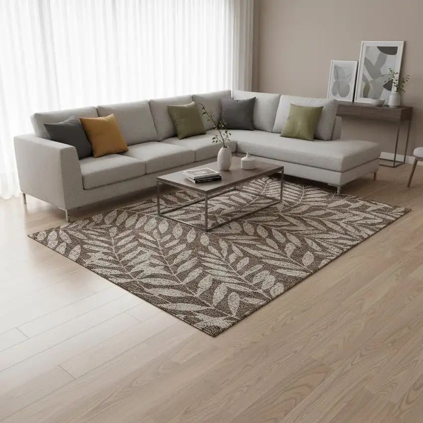 Brown And Beige Floral Washable Area Rug With UV Protection Photo 2