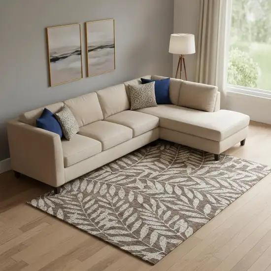 Brown And Beige Floral Washable Area Rug With UV Protection Photo 1