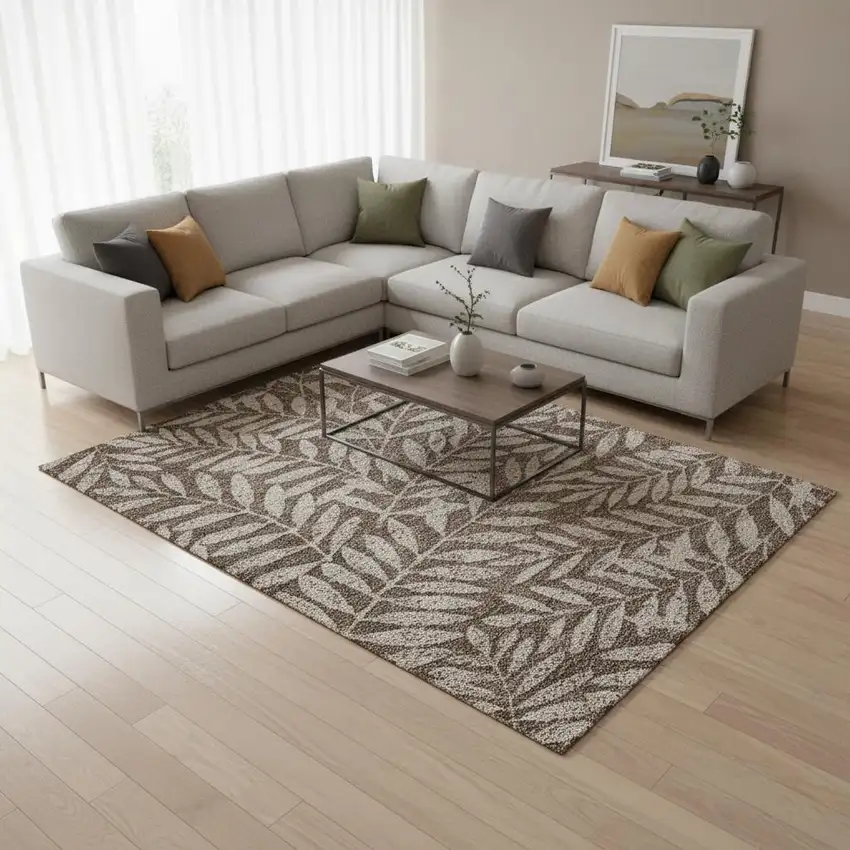 Brown And Beige Floral Washable Area Rug With UV Protection Photo 2