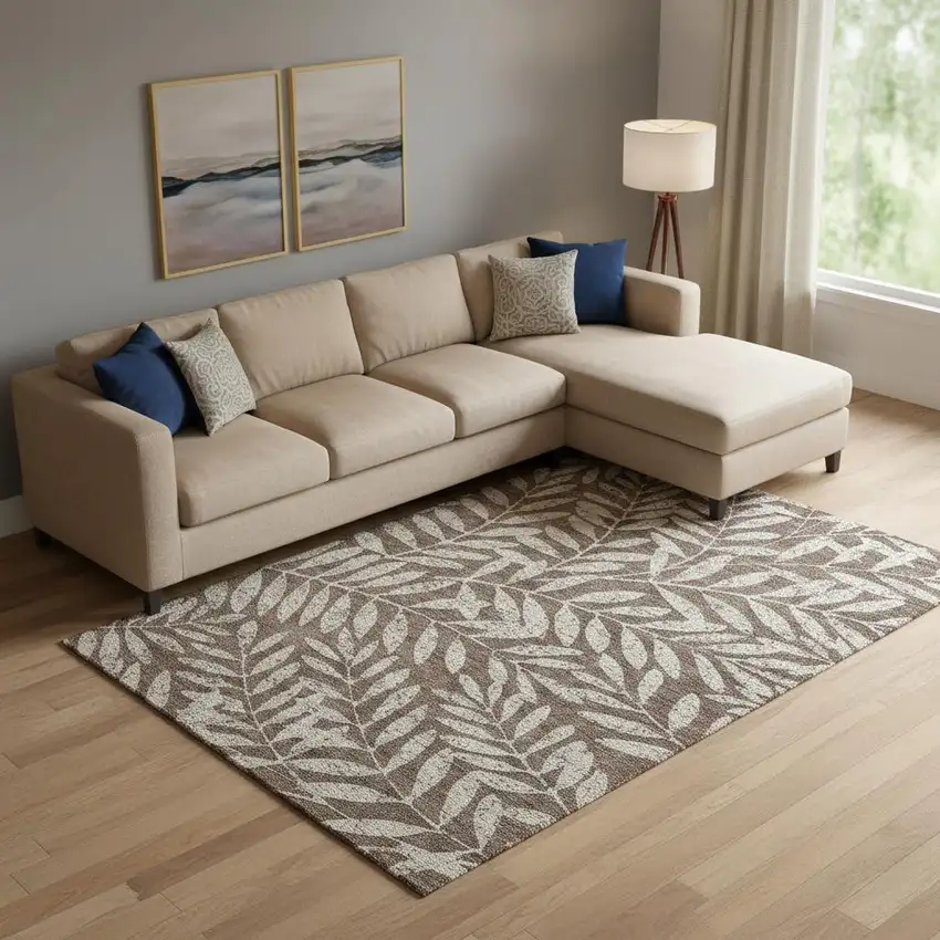 Brown And Beige Floral Washable Area Rug With UV Protection Photo 1