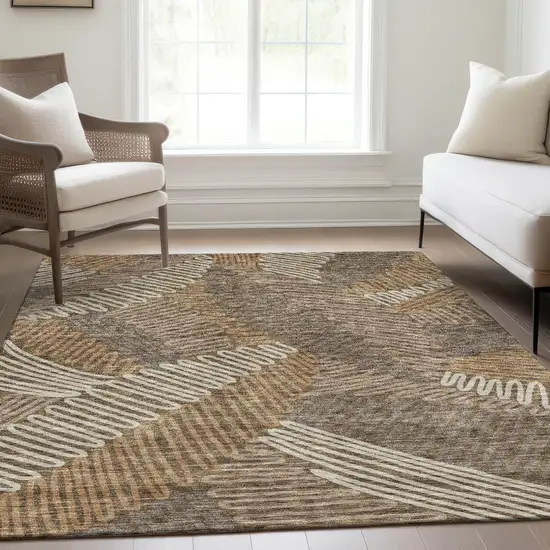 Brown And Beige Floral Washable Area Rug With UV Protection Photo 6