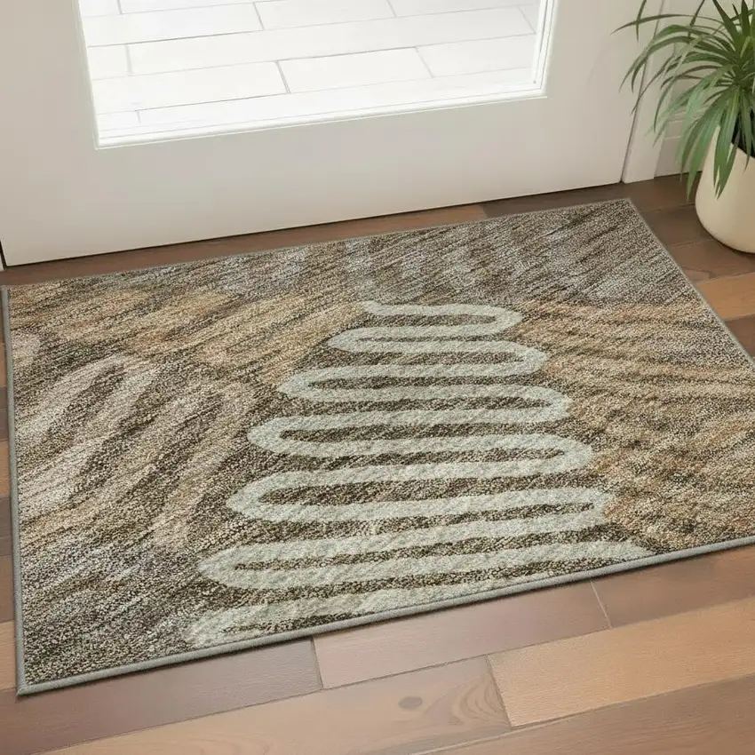 Brown And Beige Floral Washable Area Rug With UV Protection Photo 2