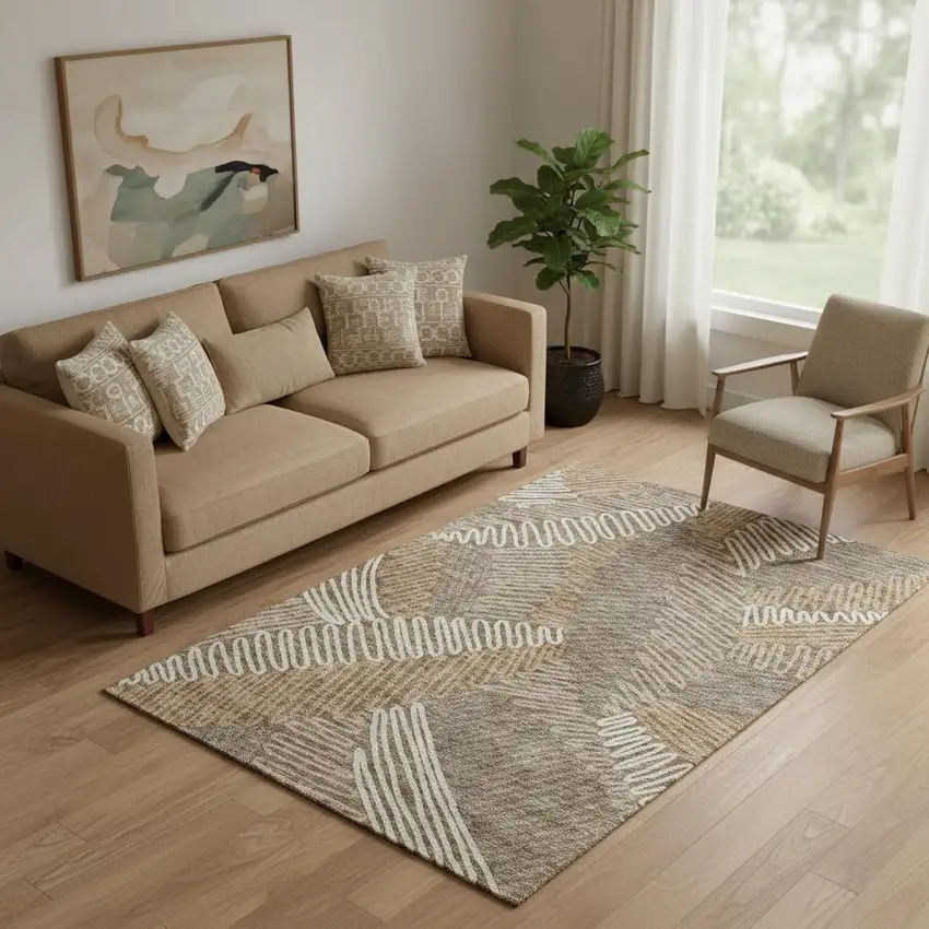 Brown And Beige Floral Washable Area Rug With UV Protection Photo 1