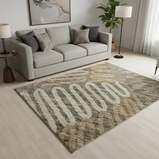 Brown And Beige Floral Washable Area Rug With UV Protection Photo 2