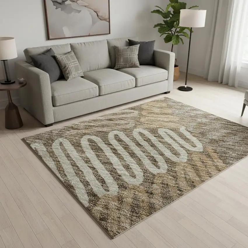 Brown And Beige Floral Washable Area Rug With UV Protection Photo 2