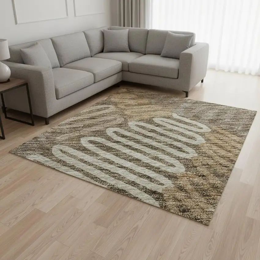 Brown And Beige Floral Washable Area Rug With UV Protection Photo 2