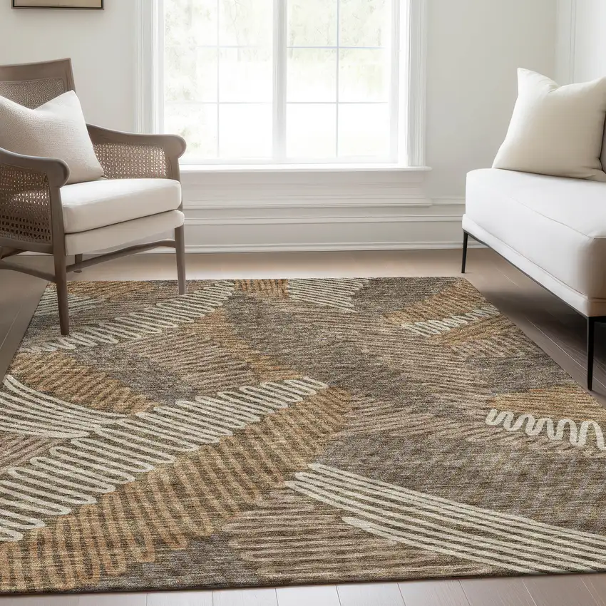 Brown And Beige Floral Washable Area Rug With UV Protection Photo 6