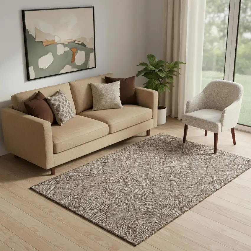 Brown And Beige Floral Washable Area Rug With UV Protection Photo 1