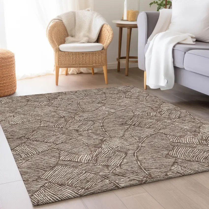 Brown And Beige Floral Washable Area Rug With UV Protection Photo 5