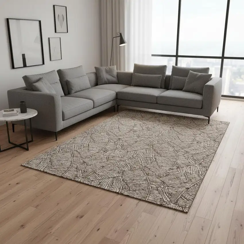 Brown And Beige Floral Washable Area Rug With UV Protection Photo 2