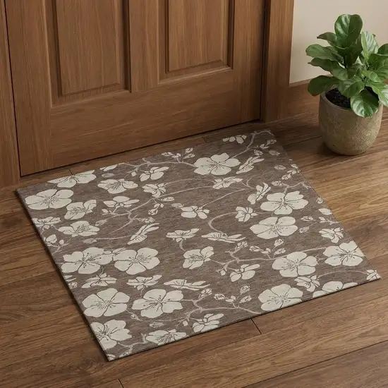 Brown And Beige Floral Washable Area Rug With UV Protection Photo 1
